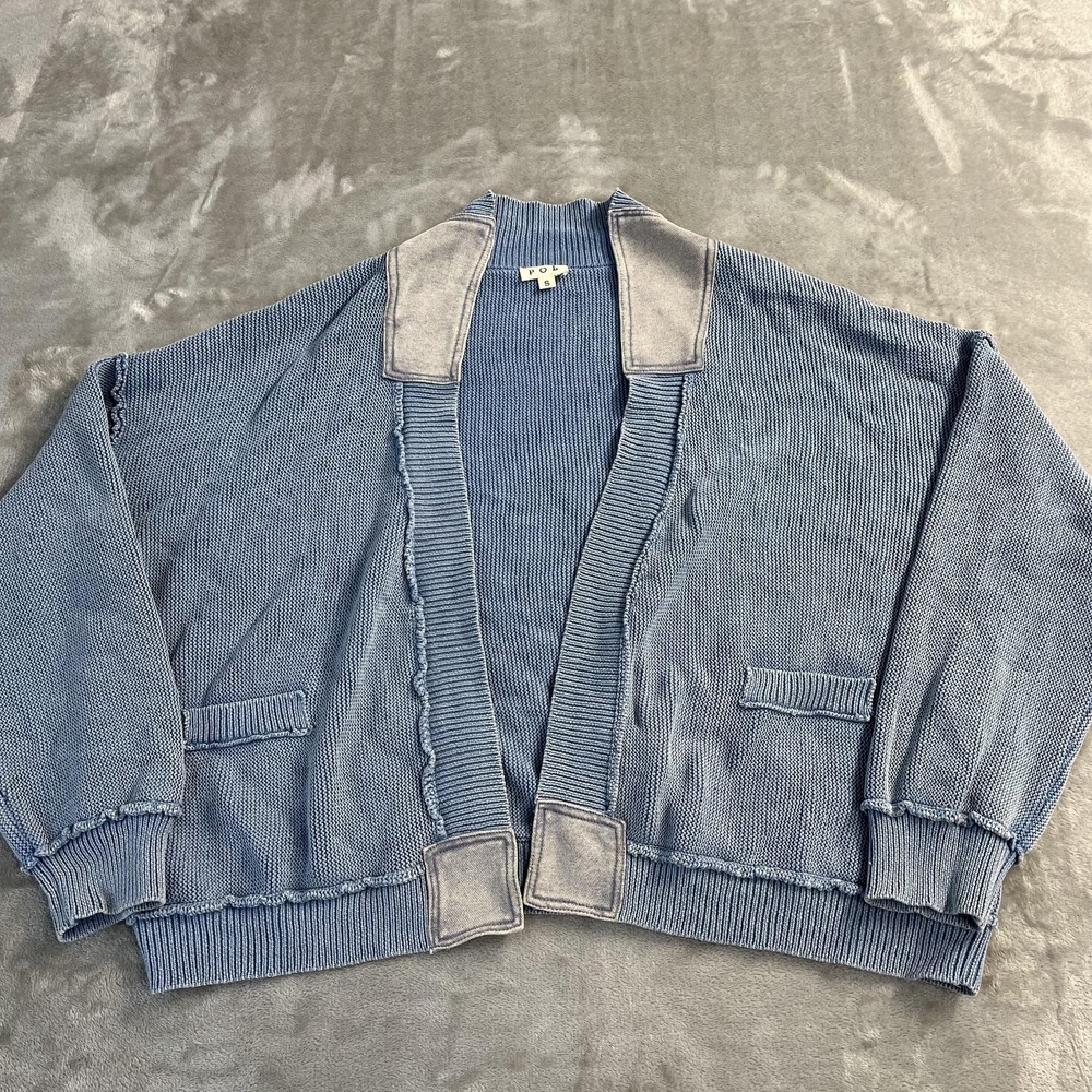 POL Cardigan Sweater Womens S Blue Open Front Contrast‎ Trim Knit Pockets Boho